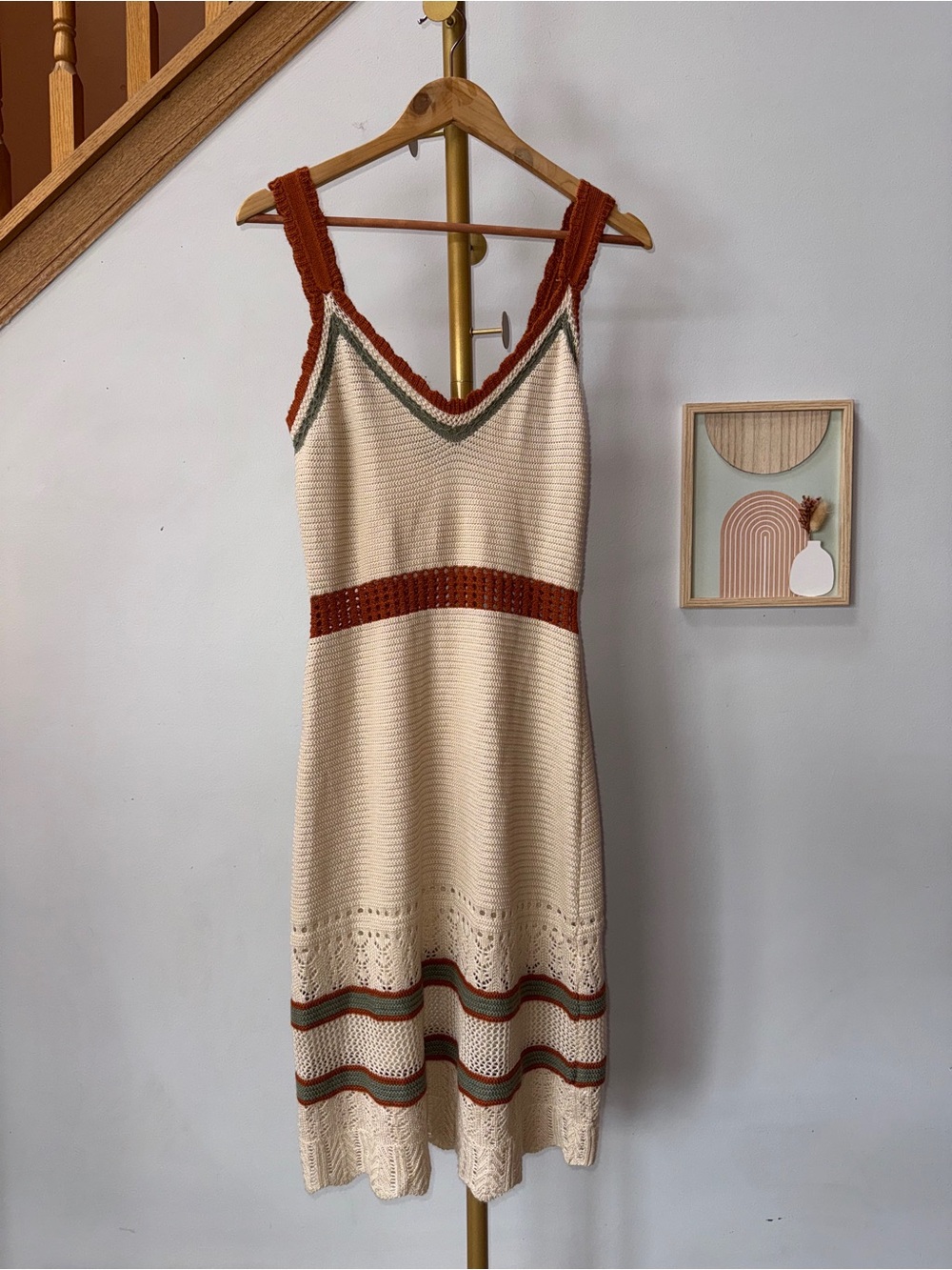 Absolutely Famous Cream Crochet Midi Dress with Rust & Olive Trim